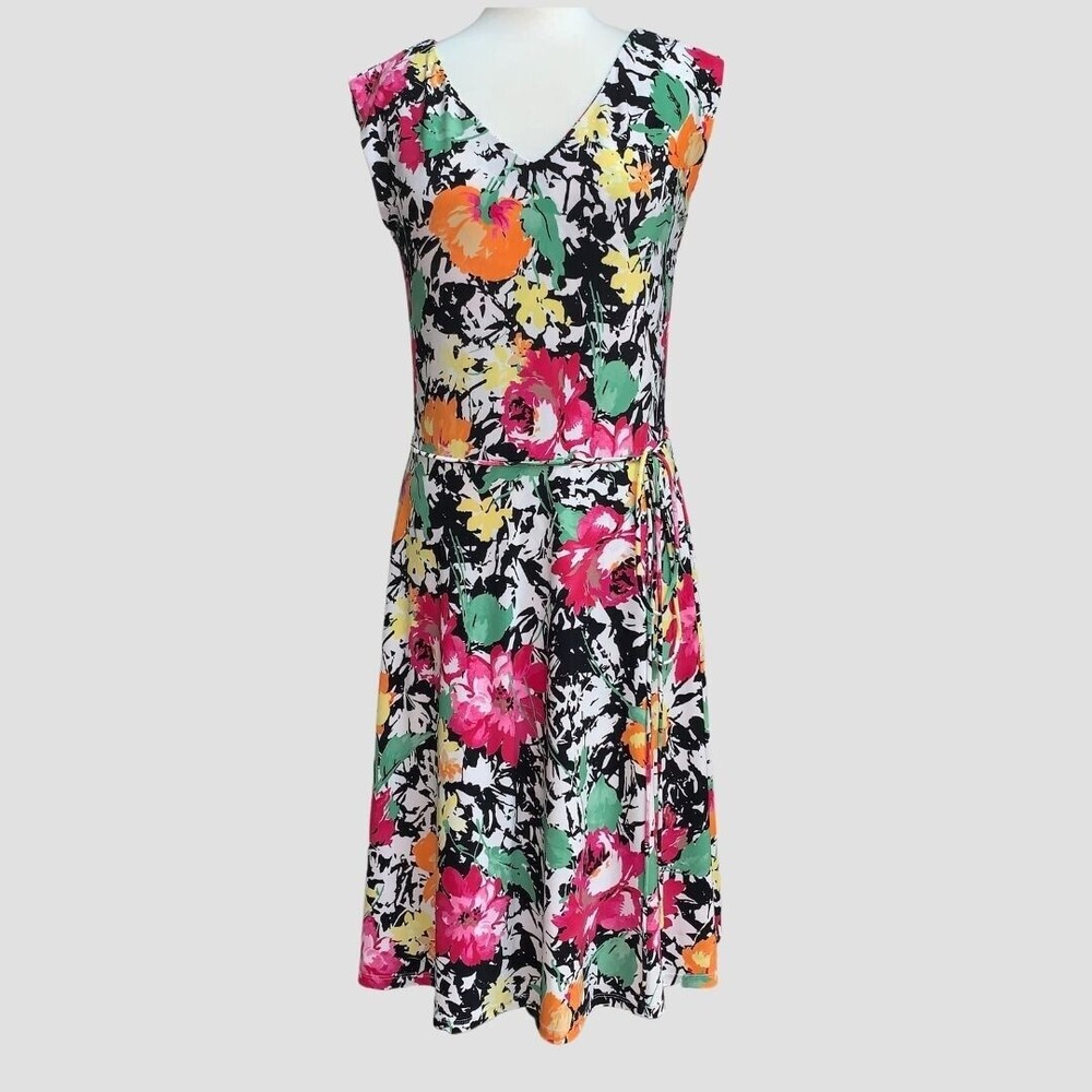 Lauren Ralph Lauren Women Dress Midi Sheath Floral Pattern String Belt M
